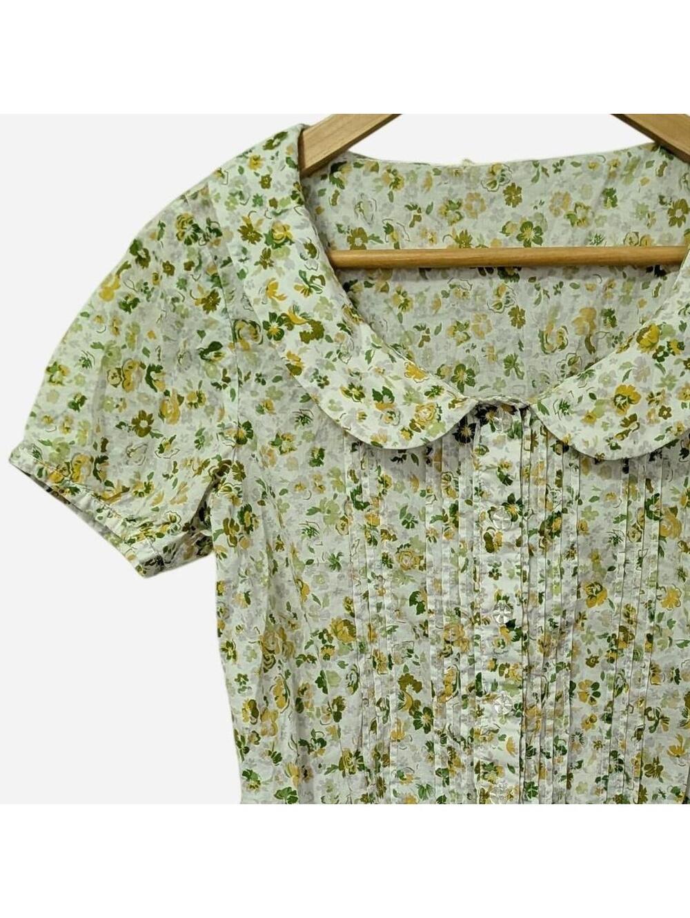 Hong Ying Floral Peter Pan Collar Blouse Pintuck Smocked Hem Cottagecore Small